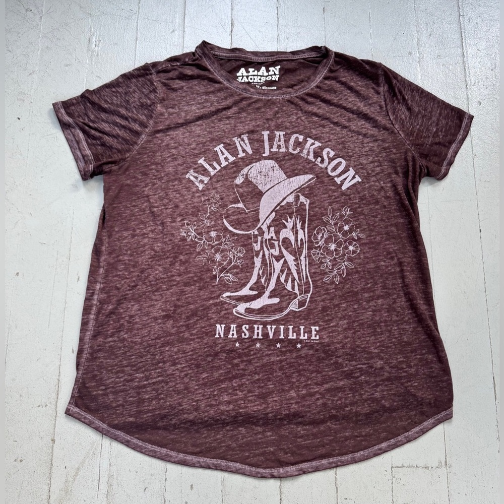 ALAN JACKSON NASHVILLE T-Shirt Large Brown/White Sheer Goodie Two Sleeves HOLE